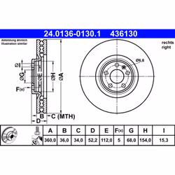 Disque de frein ATE 24.0136-0130.1 avant, ventilé, à haute teneur en carbone, 1 pièce