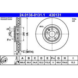 Disque de frein ATE 24.0136-0131.1 avant, ventilé, à haute teneur en carbone, 1 pièce