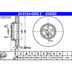 Disque de frein ATE 24.0124-0262.2 arrière, ventilé, à haute teneur en carbone, 1 pièce