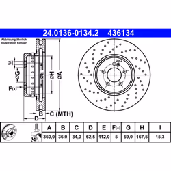 Disque de frein ATE 24.0136-0134.2 avant, ventilé, à haute teneur en carbone, 1 pièce
