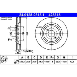 Disque de frein ATE 24.0128-0315.1 avant, ventilé, à haute teneur en carbone, 1 pièce