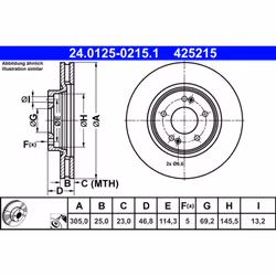 Disque de frein ATE 24.0125-0215.1 avant, ventilé, à haute teneur en carbone, 1 pièce