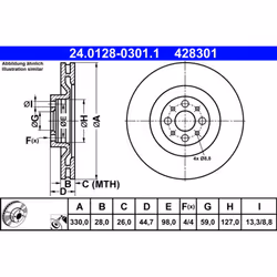 Disque de frein ATE 24.0128-0301.1 avant, ventilé, 1 pièce