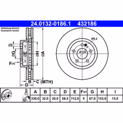 Disque de frein ATE 24.0132-0186.1 avant, ventilé, à haute teneur en carbone, 1 pièce