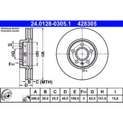 Disque de frein ATE 24.0128-0305.1 avant, ventilé, à haute teneur en carbone, 1 pièce