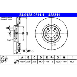 Disque de frein ATE 24.0128-0311.1 avant, ventilé, à haute teneur en carbone, 1 pièce