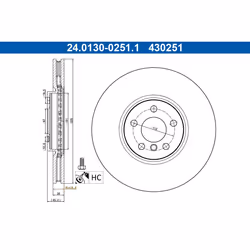 Disque de frein ATE 24.0130-0251.1 avant, ventilé, à haute teneur en carbone, 1 pièce