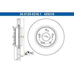 Disque de frein ATE 24.0125-0216.1 avant, ventilé, à haute teneur en carbone, 1 pièce