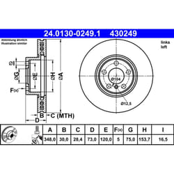 Disque de frein ATE 24.0130-0249.1 avant, ventilé, à haute teneur en carbone, 1 pièce