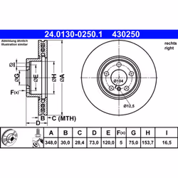 Disque de frein ATE 24.0130-0250.1 avant, ventilé, à haute teneur en carbone, 1 pièce
