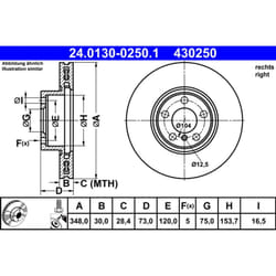 Disque de frein ATE 24.0130-0250.1 avant, ventilé, à haute teneur en carbone, 1 pièce