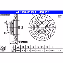 Disque de frein ATE 24.0134-0113.1 avant, ventilé, à haute teneur en carbone, 1 pièce