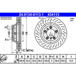 Disque de frein ATE 24.0134-0113.1 avant, ventilé, à haute teneur en carbone, 1 pièce