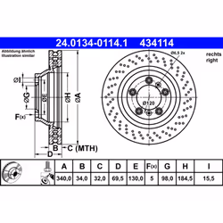 Disque de frein ATE 24.0134-0114.1 avant, ventilé, à haute teneur en carbone, 1 pièce