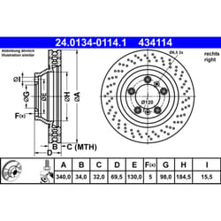 Disque de frein ATE 24.0134-0114.1 avant, ventilé, à haute teneur en carbone, 1 pièce