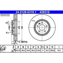 Disque de frein ATE 24.0128-0318.1 avant, ventilé, à haute teneur en carbone, 1 pièce