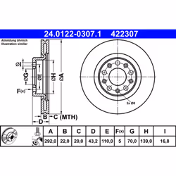 Disque de frein ATE 24.0122-0307.1 arrière, ventilé, 1 pièce