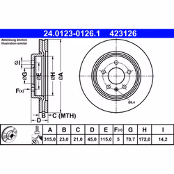 Disque de frein ATE 24.0123-0126.1 arrière, ventilé, 1 pièce