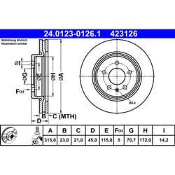 Disque de frein ATE 24.0123-0126.1 arrière, ventilé, 1 pièce