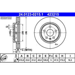 Disque de frein ATE 24.0123-0215.1 arrière, ventilé, 1 pièce