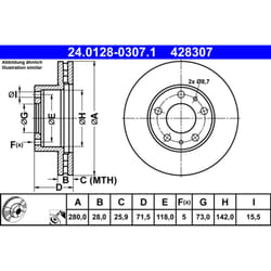 Disque de frein ATE 24.0128-0307.1 avant, ventilé, 1 pièce