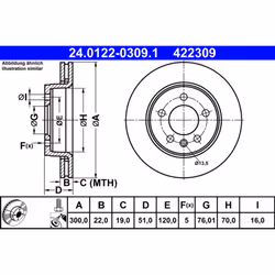 Disque de frein ATE 24.0122-0309.1 arrière, ventilé, à haute teneur en carbone, 1 pièce