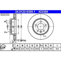 Disque de frein ATE 24.0122-0309.1 arrière, ventilé, à haute teneur en carbone, 1 pièce
