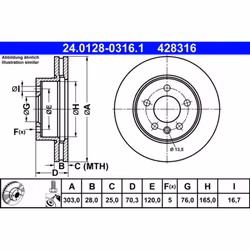 Disque de frein ATE 24.0128-0316.1 avant, ventilé, à haute teneur en carbone, 1 pièce