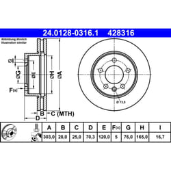 Disque de frein ATE 24.0128-0316.1 avant, ventilé, à haute teneur en carbone, 1 pièce