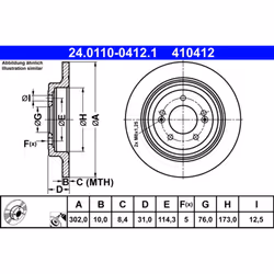 Disque de frein ATE 24.0110-0412.1 arrière, plein, à haute teneur en carbone, 1 pièce