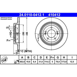 Disque de frein ATE 24.0110-0412.1 arrière, plein, à haute teneur en carbone, 1 pièce