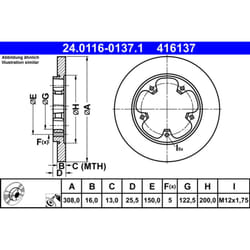Disque de frein ATE 24.0116-0137.1 arrière, plein, 1 pièce