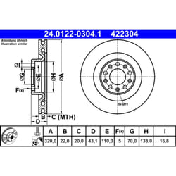 Disque de frein ATE 24.0122-0304.1 arrière, ventilé, 1 pièce