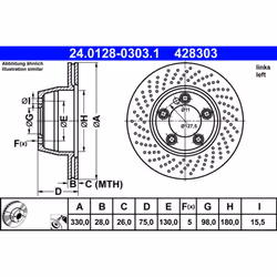 Disque de frein ATE 24.0128-0303.1 arrière, ventilé, à haute teneur en carbone, 1 pièce