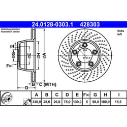 Disque de frein ATE 24.0128-0303.1 arrière, ventilé, à haute teneur en carbone, 1 pièce
