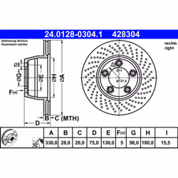 Disque de frein ATE 24.0128-0304.1 arrière, ventilé, à haute teneur en carbone, 1 pièce