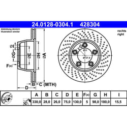 Disque de frein ATE 24.0128-0304.1 arrière, ventilé, à haute teneur en carbone, 1 pièce