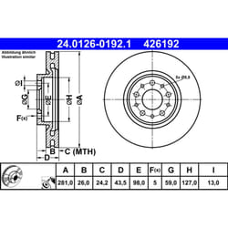 Disque de frein ATE 24.0126-0192.1 avant, ventilé, 1 pièce
