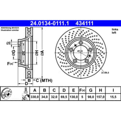 Disque de frein ATE 24.0134-0111.1 avant, ventilé, à haute teneur en carbone, 1 pièce