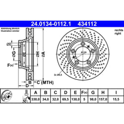 Disque de frein ATE 24.0134-0112.1 avant, ventilé, à haute teneur en carbone, 1 pièce