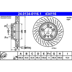 Disque de frein ATE 24.0134-0116.1 avant, ventilé, à haute teneur en carbone, 1 pièce