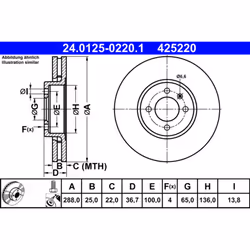 Disque de frein ATE 24.0125-0220.1 avant, ventilé, à haute teneur en carbone, 1 pièce