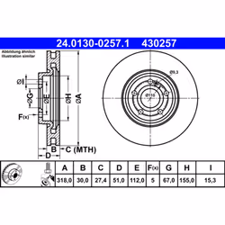 Disque de frein ATE 24.0130-0257.1 avant, ventilé, à haute teneur en carbone, 1 pièce