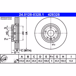Disque de frein ATE 24-0128-0328-1-02 avant, ventilé, à haute teneur en carbone, 1 pièce
