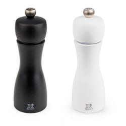 Tahiti Duo de moulins à poivre et à sel manuels en bois couleur noir mat et blanc mat 20 cm