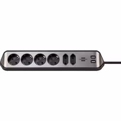 Brennenstuhl 1153590610, 2 m, Intérieure, Courbe, IP20, Noir, Argent, 6 sortie(s) CA
