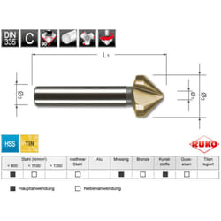 Fraises à chanfreiner 3 dents din 335 forme c 90° HSS-TiN