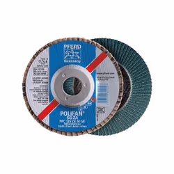 Meule-éventail Ø 125 mm (12200 tr/mn), POLIFAN® SG-ZA, bombée Grain : 60 Plateau à lamelles - Corindon de zirconium/corindon  ...