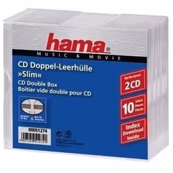 Hama CD Slim Double Jewel Case, pack 10, 2 disques, Transparent