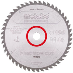 Lame de scie circulaire hw/ct 190 x 20 x 2,6/1,8, nombre de dents 48, affûtage en biseau alterné, angle d'attaque 10° Metabo